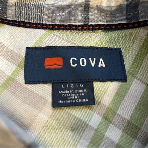 Large Cova Gray-Blue-White Plaid SS Cotton Blend Shirt - Picture 2 of 5